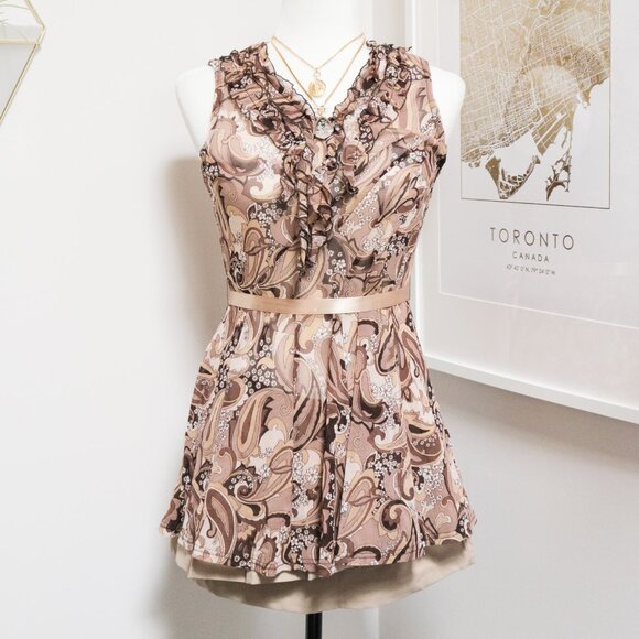 Y2K Sheer Brown Paisley Ruffle Collar Tank Top ☕️ JAPANESE BRAND - Picture 1 of 8
